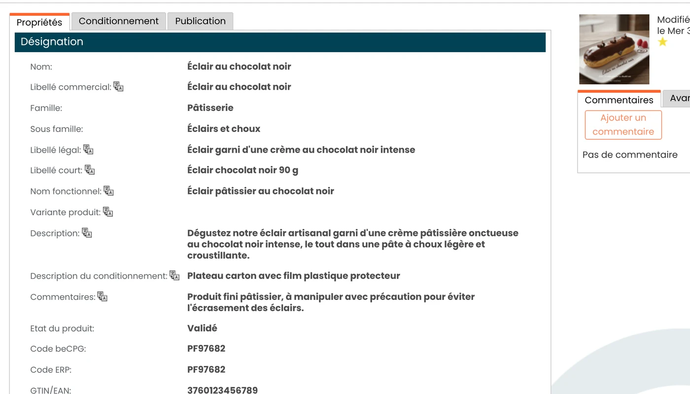 Product record: name, labels and codes